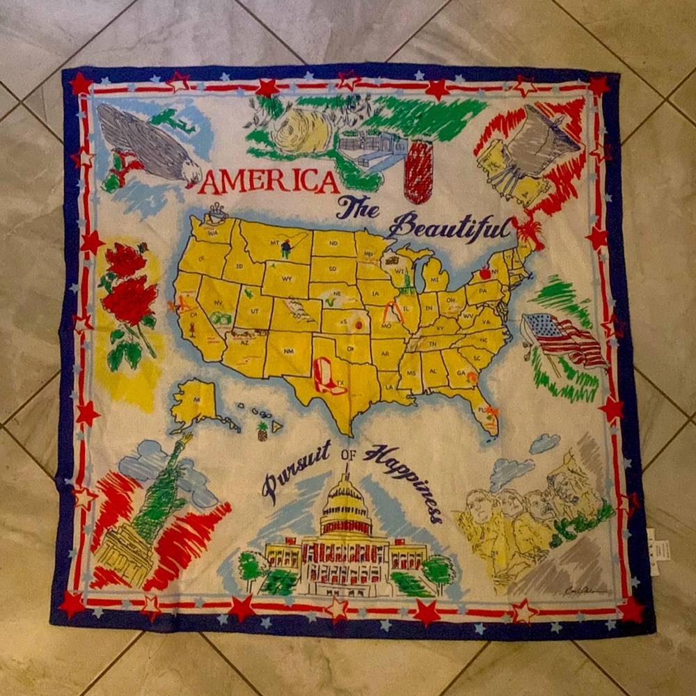 VINTAGE Cabi America the Beautiful Cotton Scarf Square Map Patriotic Flag Eagle